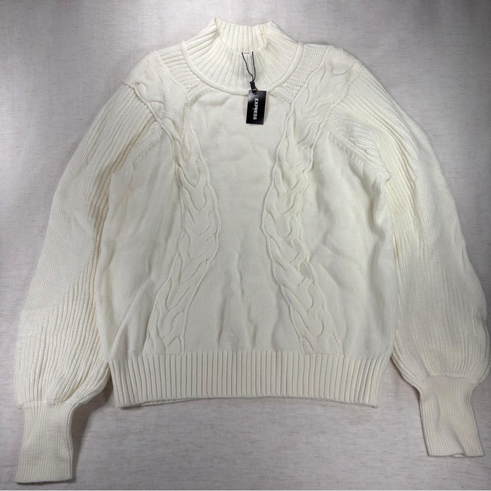 Express White Cable-Knit Mock Neck Pullover Sweater Women's Long Sleeve M